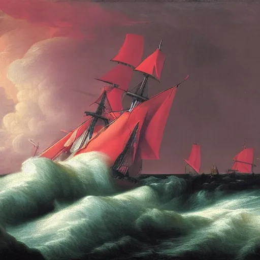 Prompt: 17th century frigate in a storm, turbulent waves, lightning in the background, crimson tint. Carl Friedrich