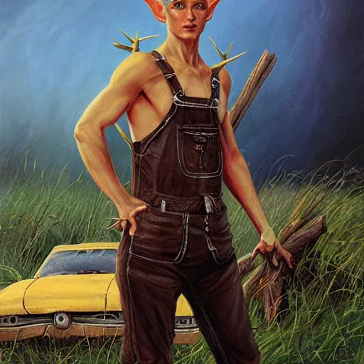 Image similar to an elf with spiky blonde hair wearing dark brown overalls and holding dynamite standing next to a destroyed car, painting by Gerald Brom