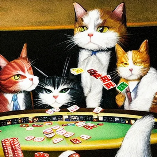 Prompt: photo of cats playing poker