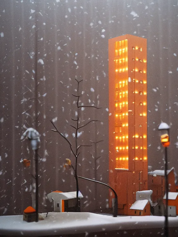 Prompt: detailed diorama a soviet residential building, brutalism architecture, suburb, lights are on in the windows, sad man in winter jacket passing by, dark night, cozy and peaceful atmosphere, fog, cold winter, snowing, streetlamps with soft orange light, several birches nearby, 1 9 9 0