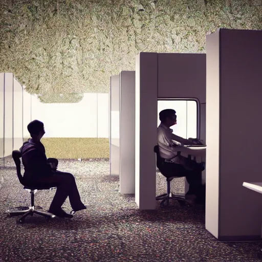 Image similar to a worker is sitting bored in front of desk, it is inside a cubicle which is completely surrounded by beautiful nature, total perspective
