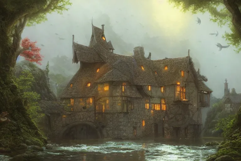 Prompt: a typical european house with a slate roof, submerged under the water of the acean, school of fishes, scenic view, matte painting by christophe vacher and hubert robert, trending on artstation