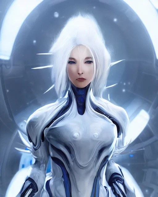 Image similar to perfect white haired alien being, warframe armor, beautiful, dreamy, half asian, pretty face, blue eyes, detailed, windy weather, scifi platform, laboratory, experiment, 4 k, ultra realistic, epic lighting, android body, illuminated, cinematic, high detail, masterpiece, art by akihito tsukushi, akihiko yoshida, voidstar