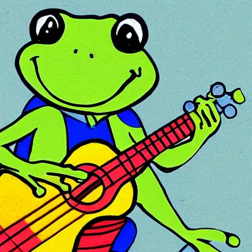 Prompt: A frog surfing while playing ukelele drawn as a 1950s cartoon