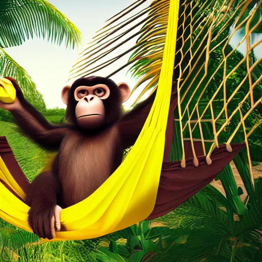 Prompt: minimalist portrait of a monkey laying in a hammock eating a banana, octane render, 8 k render, saturated, vector