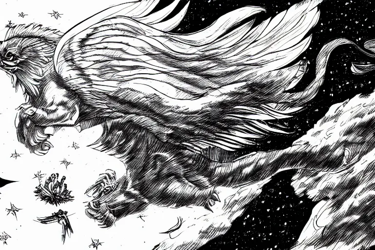 Prompt: angelic winged lioness flying in outer space, black and white ink on paper, thick outlines, 8k high quality detailed art, trending on art station, super wide angel, manga art, by Eiichiro Oda