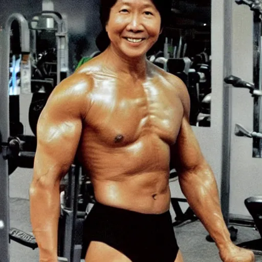 Image similar to BongBong Marcos as a bodybuilder in a gym flexing his huge muscles