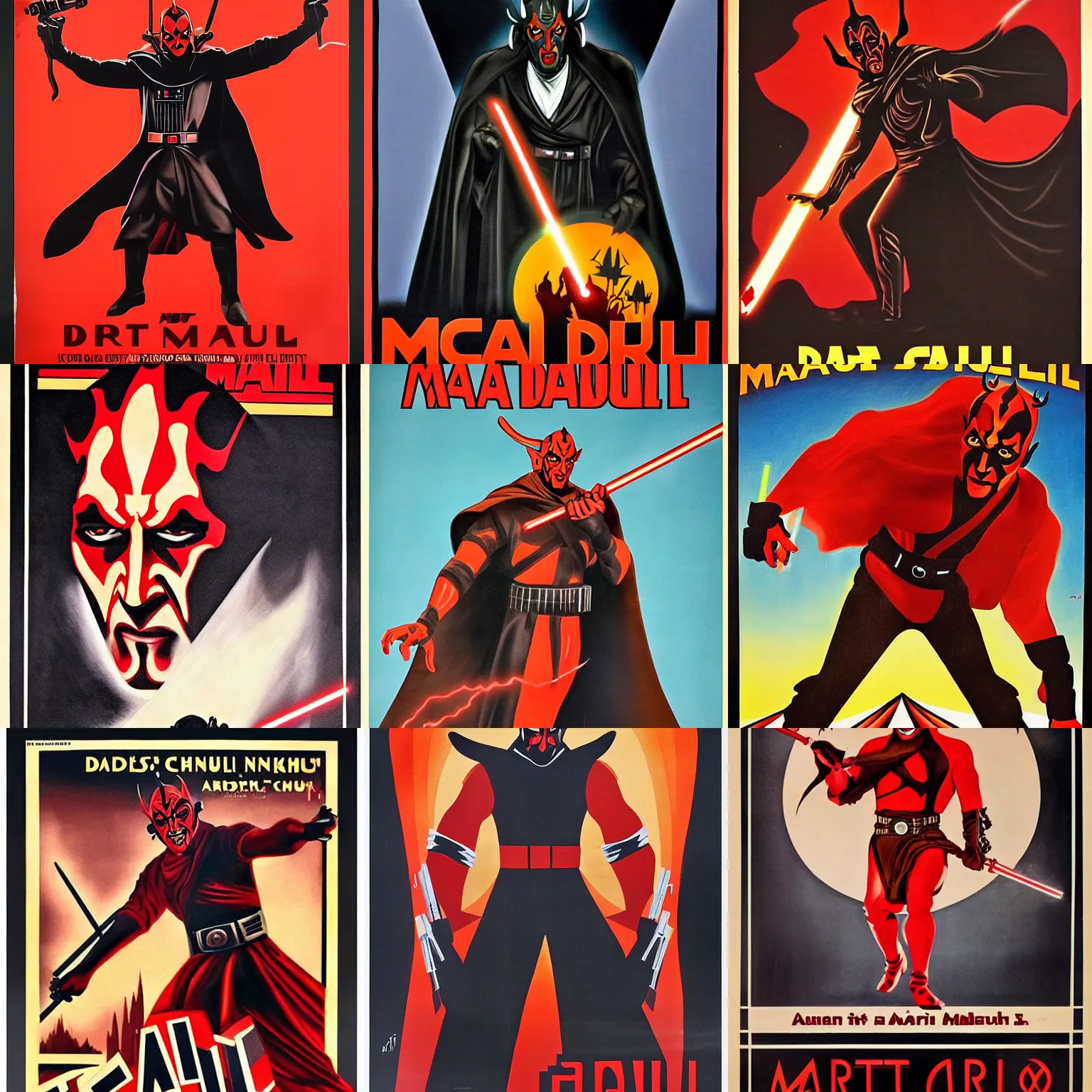 Prompt: art deco vintage movie poster of darth maul. movie called mauled