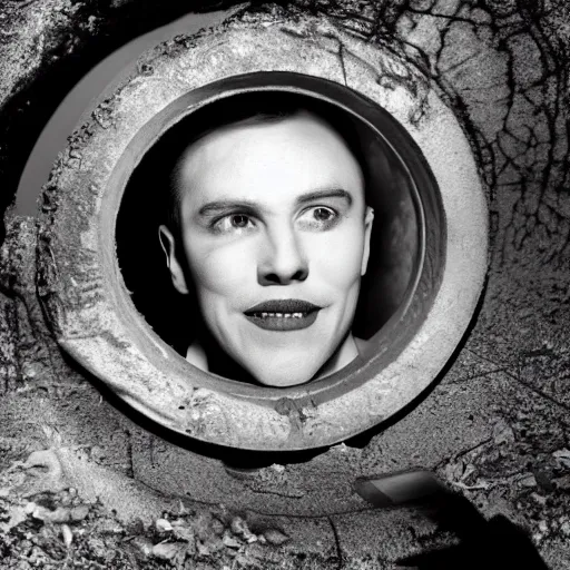 a portrait photo with flash, a slightly melted shiny Stable Diffusion