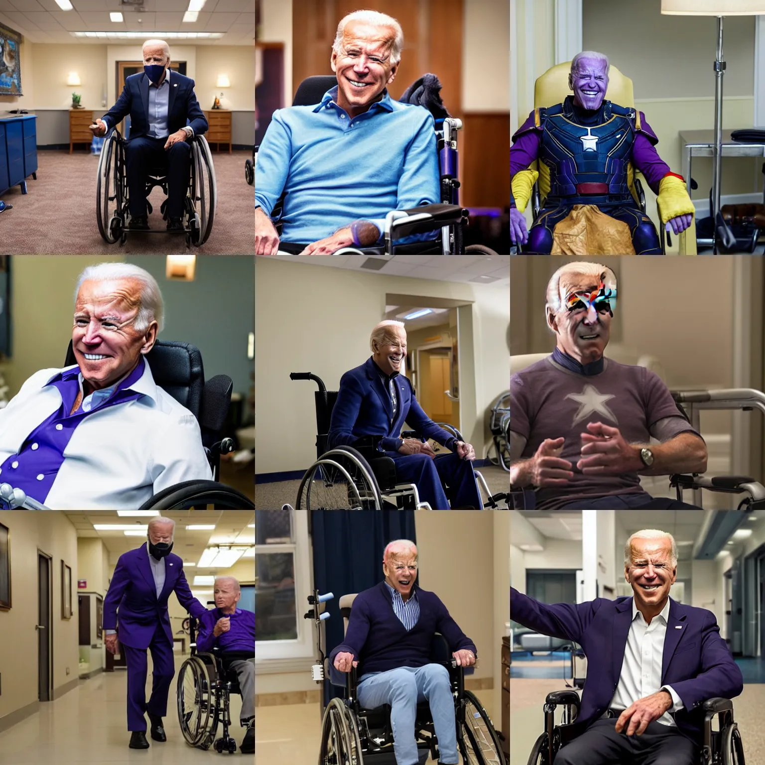 Prompt: Joe Biden as Thanos in The Avengers movie, but in a nursing home in a wheelchair, 8k