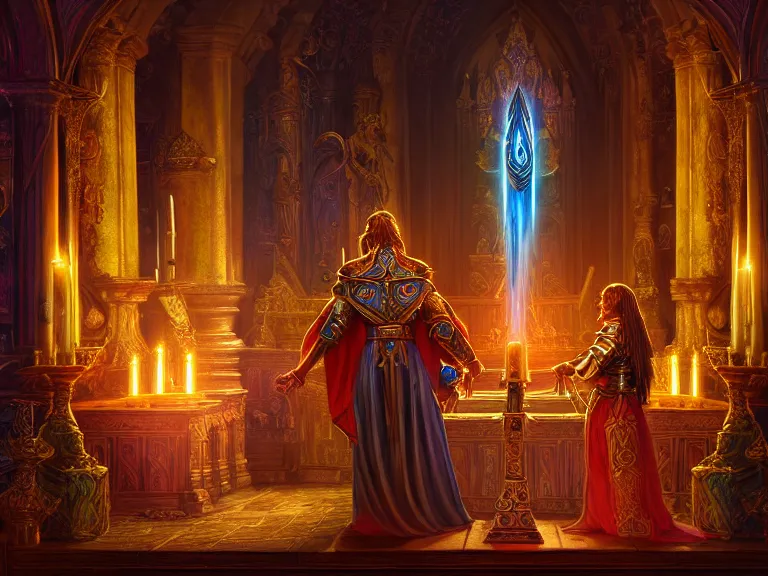 Prompt: paladin and magic user in a highly detailed holy temple, altar, candles, beautiful, high fantasy, colorful, highly detailed faces, high details, ornamental, exquisite, sharp focus, chiaroscuro, dnd, digital painting