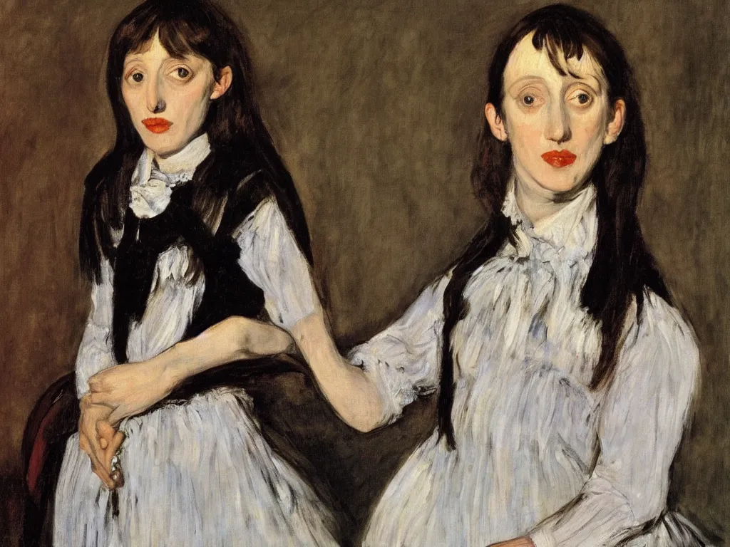 Image similar to portrait of a young shelley duvall by manet, oil on canvas