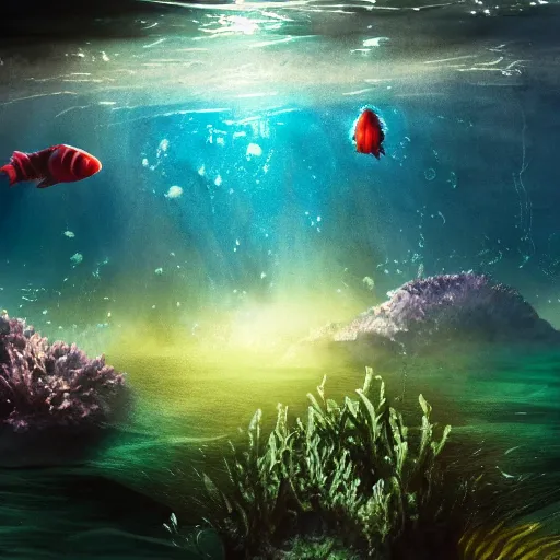 Image similar to underwater view of a strange alien world, some washed out red and green plant life, small alien fish swimming in the background, deep blue sea color, artstation