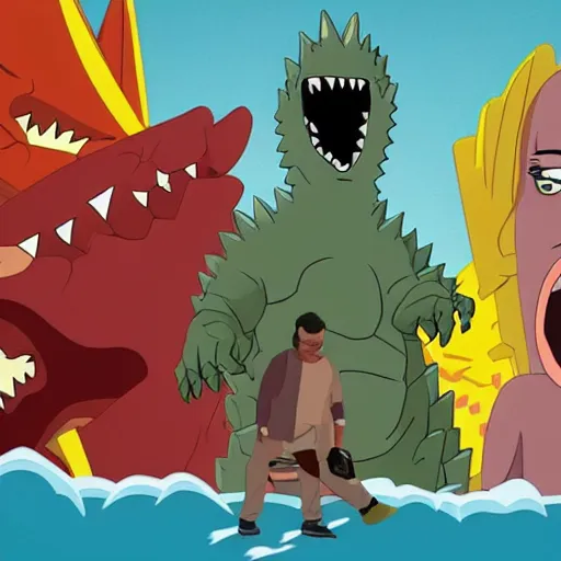 Prompt: big mouth cast fighting godzilla