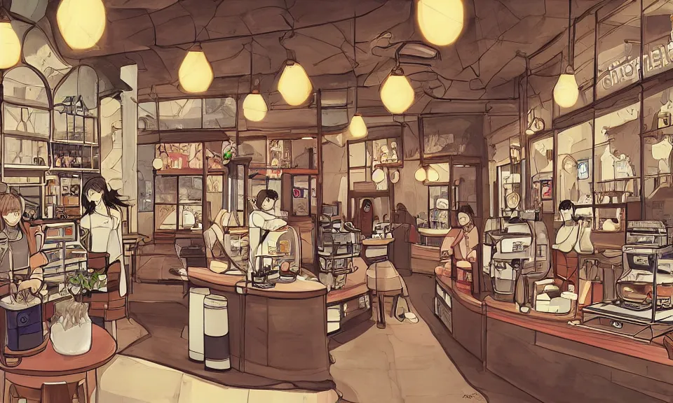  acogedor, dibujo, estilo anime, interior de una cafetería,