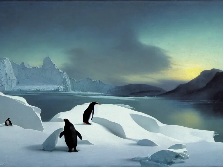 Image similar to an oil painting of a penguin next to a frozen ocean and a misty glacier at dusk. aurora. by tuomas korpi moebius and carl spitzweg. baroque elements. intricate artwork by caravaggio. oil painting. oil on canvas. award winning. dramatic. trending on artstation. 8 k