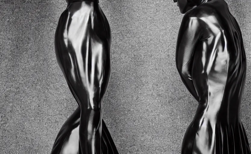 Image similar to extremely beautiful female black statue wearing avant garde huge distorted comme de garcon haute couture gown in the style of rei kawakubo, couture, avant garde, the model is a black glossy marble statue, vogue, fashion, runway, collection, beautifully lit, glossy, hd, 4 k, 8 k, extremely clear focus, sharp, award winning fashion photograph