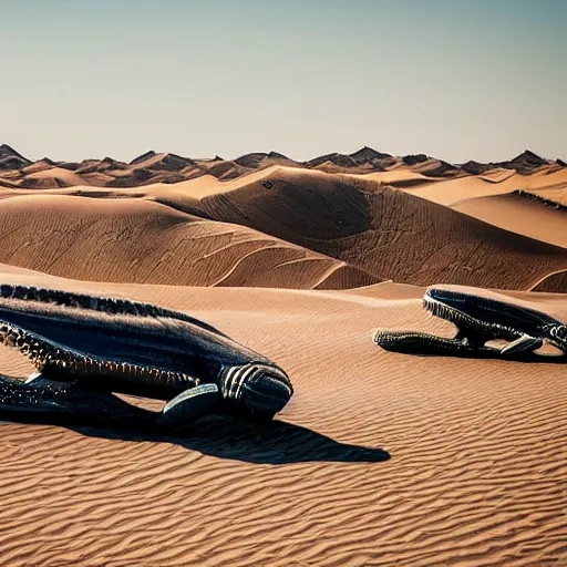 Image similar to 🐋🐳🐉🤖 in desert, photography by bussiere rutkowski andreas roch