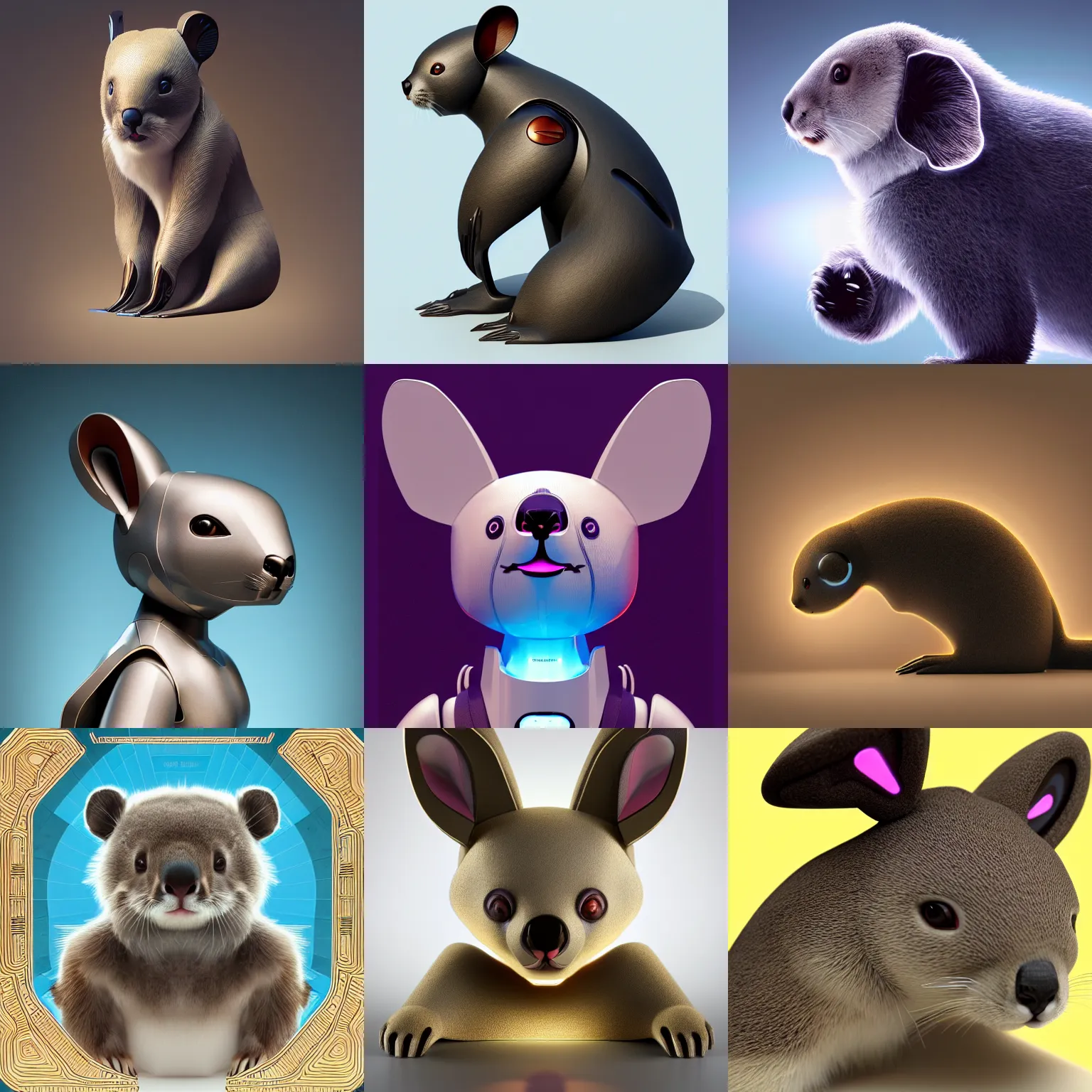 Prompt: product photo of a futuristic stylized pet robot, otter bunny ( koala ) mix, kindchenschema, large ears, large tail, by artgerm and greg rutkowski and marc newson and zaha hadid, alphonse mucha, zaha hadid, side view, volumetric light, detailed, octane render, midsommar - t