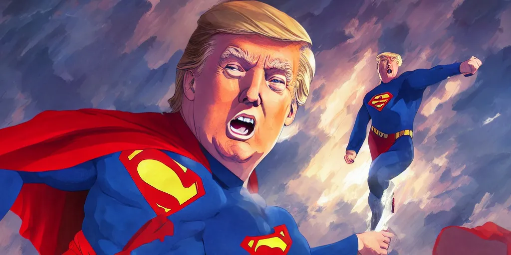 Image similar to donald trump as superman, art by makoto shinkai, studio ghibli, greg rutkowski, wlop, highly detailed, 4 k, digital art, high quality, studio portrait