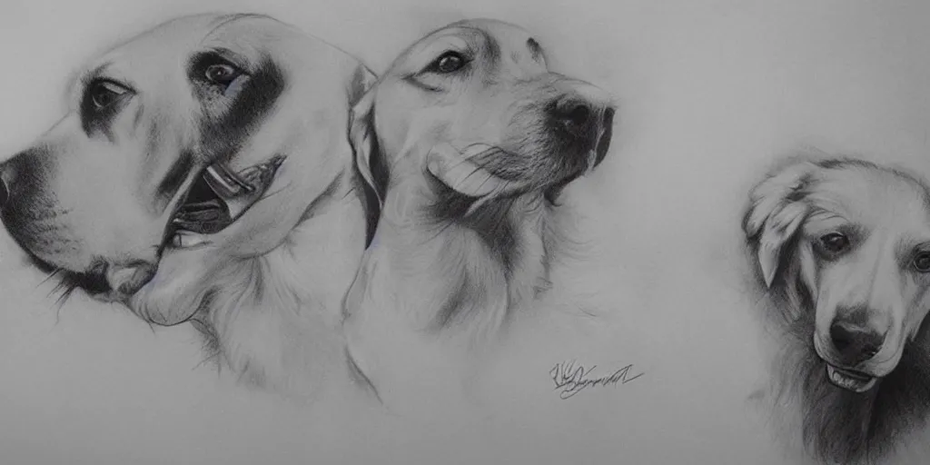 Prompt: beautiful pencil drawing of karim benzema and a golden retriever