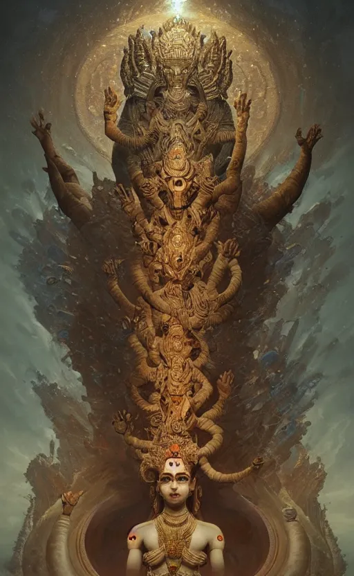 Image similar to an ancient hindu creature made of dust and earth, a mythological being that came from within the earth, a hindu god with many arms, gigantic, incomprehensible and frightening, trending on artstation, volumetric lighting, atmospheric portrait, highly detailed, art by greg rutkowski and alphonse mucha