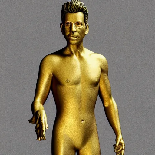 Prompt: gold statue of jeff goldblum, 3 d render, 8 k, octane render, cycles render, unreal engine