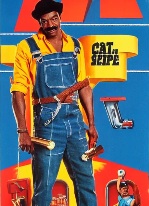 Image similar to an 8 0's john alvin action movie poster starring eddie murphy face as a plumber to rich people. bathroom. overalls. tool belt. the movie is called beverly hills crap