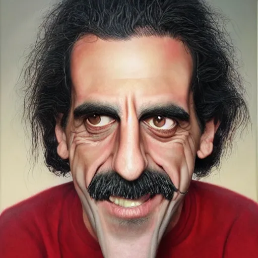 Image similar to Caricature portraits done of Frank Zappa, realistic, hyperrealistic, very realistic, highly detailed, very detailed, extremely detailed, detailed, oil painting, digital art, trending on artstation