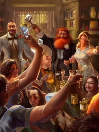 Prompt: a group of friends cheers! hooray! intricate, elegant, highly detailed, digital painting, artstation, concept art, sharp focus, illustration, by justin gerard and artgerm, 8 k