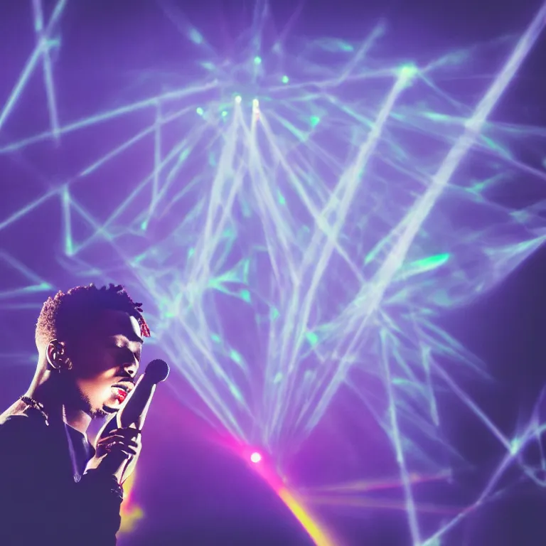 Prompt: rapper holding microphone to mouth, epic angle, profile view, silhouetted, distinct, psychedelic hip-hop, laser light show, beams of light