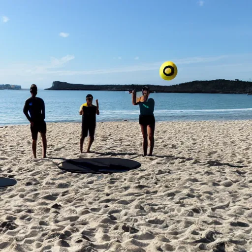 Prompt: four people playing spikeball at the beach photo