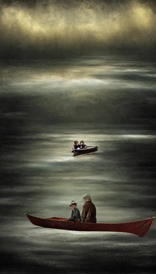 Image similar to man on boat crossing a body of water in hell with creatures in the water, sea of souls, by peter holme iii