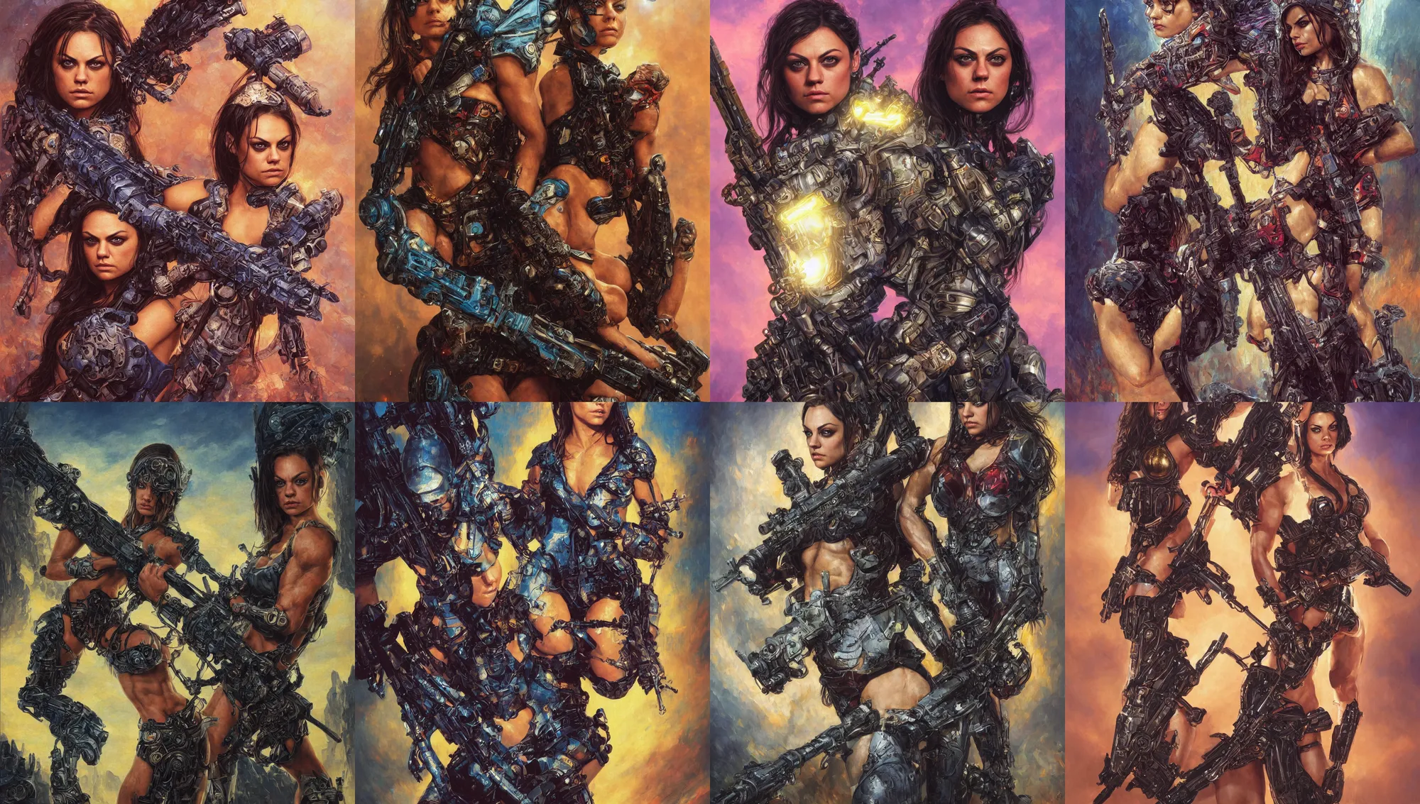 Image similar to bodybuilder mila kunis closeup portrait of a beautiful biblical diabolical girl holding a large cyber rifle, visor, neon armor, golden hour, gerald brom, mikhail vrubel, peter elson, bright warm colors, extreme detail, light rain, trending on artstation, 8 k