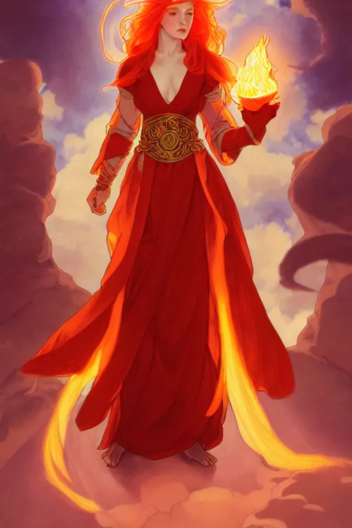 Prompt: a beautiful fire bender mage girl holding a fireball, ginger hair with freckles, wearing long flowing red robes inspired by alphonse mucha, standing on a mountain top with epic clouds and godlike lighting, intricate illustration and highly detailed digital painting. concept art by artgerm. inspired by brom art and larry elmore.