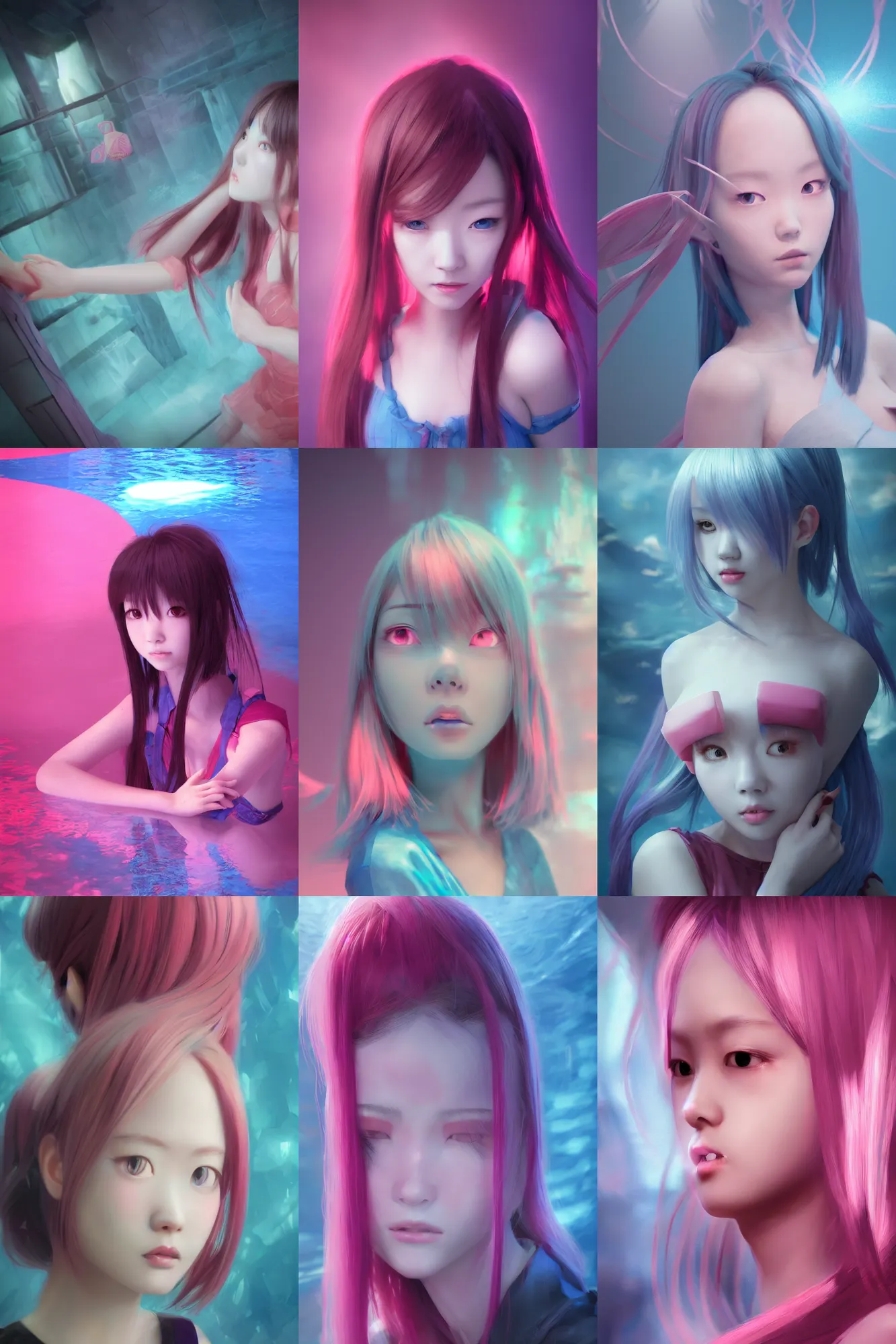 Prompt: 3d dark infrared octane render concept art by D. Jun, by Mo Xiang Tong Xiu, by Igarashi Daisuke, beauty portrait anime schoolgirl under dark pink and blue water. cute face. complex mirror room pool. dramatic light, trending on artstation.