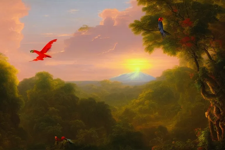 Prompt: gorgeous scarlet macaws flying at beautiful sunset in the distance through the forest, jungle mountains in the background, highly detailed, trending on art station, very detailed birds, painting by thomas cole