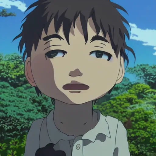 Image similar to friendly guy with Fragile looking character portrait face and small creature , made by Studio Ghibli highly detailed art, beautiful scene, sharp focus, smooth, 8k, anime art