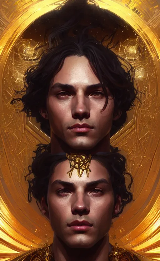 Prompt: portrait of a young handsome dark god, gold wires, intricate, headshot, highly detailed, digital painting, artstation, concept art, sharp focus, cinematic lighting, illustration, art by artgerm and greg rutkowski, alphonse mucha, cgsociety