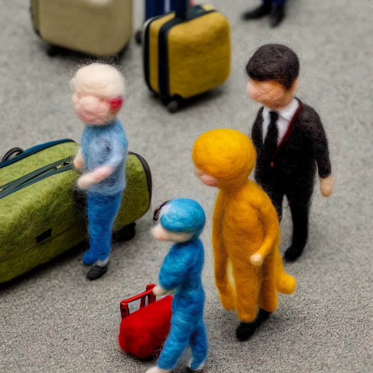 Image similar to needle felted person arriving at airport, highly detailed, tilt shift, cute, hyperrealism, highly textured, god rays