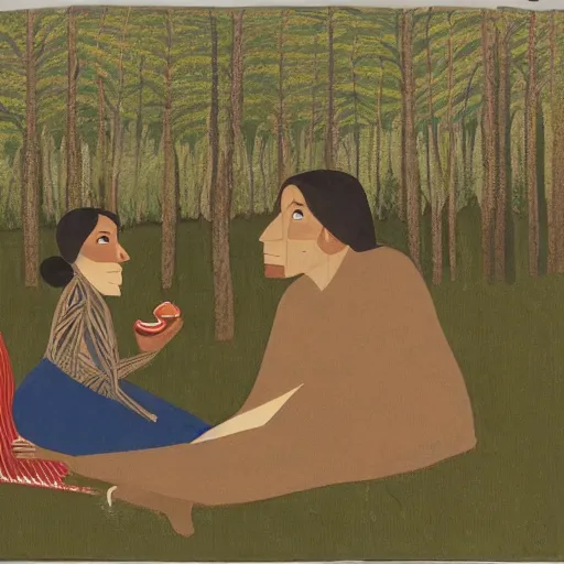 Prompt: by william wegman taupe, traditional sami art forbidding. a conceptual art of a young woman & a well - dressed man enjoying a picnic lunch on a grassy knoll. the man is shown seated facing the woman, & he is looking directly at her. both figures are surrounded by a dense forest.