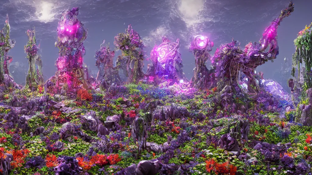 Image similar to a centered render of intricate modular synthesizer of dargon, shining its light across a tumultuous sea of flowers, undersea animals and one gothic crystal temple by dorothea tanning and salvador dali, trending on artstation, cyber punk, soft color, unreal engine, high detailed, 8 k