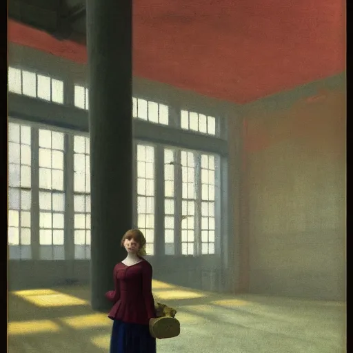 Image similar to a beautiful young girl in a soviet abandoned factory, daguerreotype by edward hopper, by henri rousseau, by Bosch, art noveau, highly detailed, strong lights, liminal, eerie, Bright pastel colors, octane render, 8k,