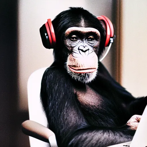 Prompt: a chimpanzee smiles with headphones on his head sits on a chair and looks at the computer holding the mouse, polaroid photo