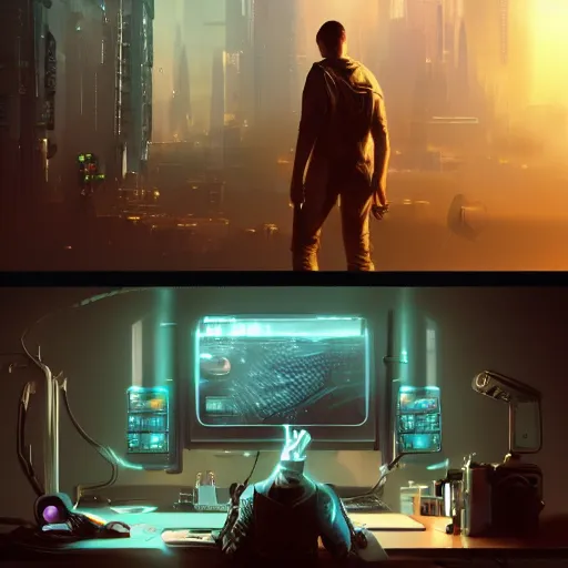 Prompt: a matte painting of a cyborg touching a computer screen, cyberpunk, surrounded by smoke, award-winning art, highly creative, hyperrealistic, highly-detailed, by Sam Spratt, by Vlad Rodrig﻿u﻿e﻿z, computer screens in the background, trending on Artstation, dark, dramatic, cinematic, realistic studio lighting, realistic reflections, 4k, professional, canon