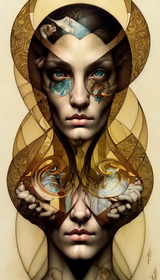 Image similar to M. C. Escher looking puzzled painted by tom bagshaw, mobius, mucha M. C. Escher, gold paint, ink, gnarly details