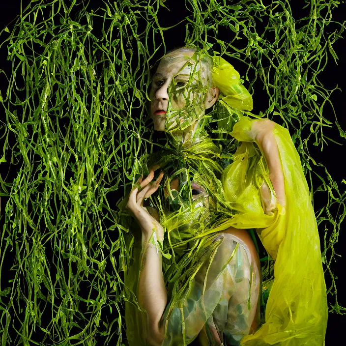 Image similar to closeup portrait of a woman wrapped in chartreuse cellophane, standing in an overgrown interior, color photograph, by paula rego, canon eos c 3 0 0, ƒ 1. 8, 3 5 mm, 8 k, medium - format print