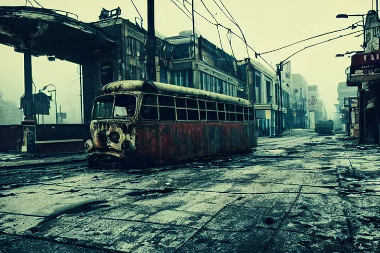 Prompt: low wide angle shot of dilapidated fallout 5, desolate rugged street, dilapidated neon signs, few rusted retro futuristic vintage parked vehicles like cars, ( ( buses, trucks, trams ) ), volumetric lighting, photorealistic, foggy, early evening, winter, sharp focus, ultra detailed, 4 0 0 0 k