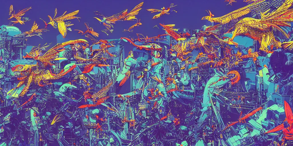 Prompt: risograph, gigantic mecha arzach birds with dragonflies, tiny rats, a lot of exotic animals around, big human faces everywhere, helicopters and tremendous birds, by satoshi kon and moebius, matte summer blue colors, surreal psychedelic design, crispy, super - detailed, a lot of tiny details, 4 k, fullshot