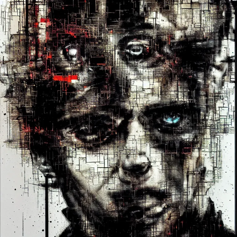 Image similar to portrait of a cyberpunk man, mysterious, glitch effects over the eyes, shadows, by Guy Denning, by Johannes Itten, by Russ Mills, centered, glitch art, hacking effects, chromatic, cyberpunk, color blocking, oil on canvas, concept art, abstract